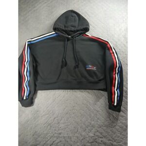 Adidas Originals Womens Cropped Hoodie Black Tricolor Trefoil Logo Sweatshirt L